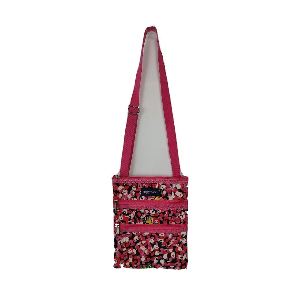 Simply Southern Pink Floral Abstract Triple Zip Crossbody Bag Adjustable Strap